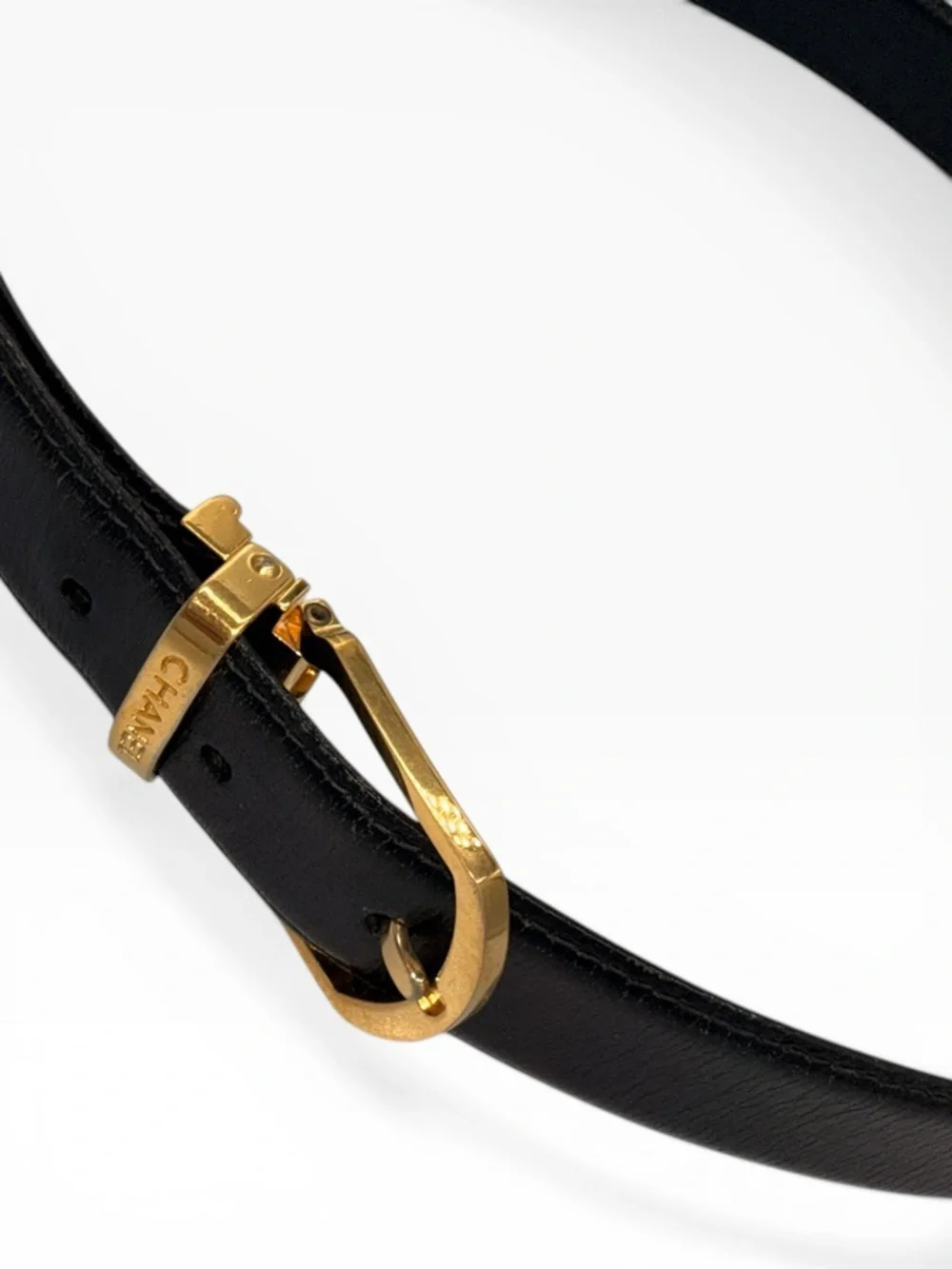 Chanel Black Leather Belt Gold Buckle Logo Waist Belt Authenticated